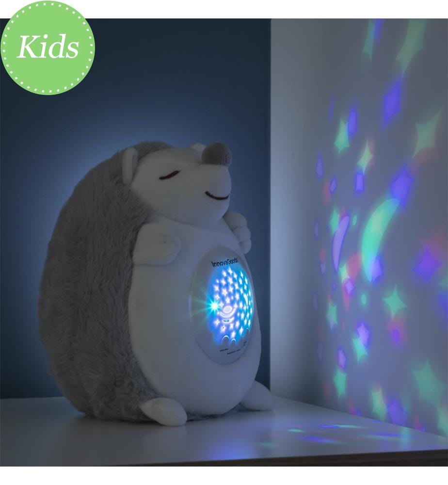 Igel Plüschtier mit Geräusch und Nachtlicht Projektor Spikey - Weiss und Grau