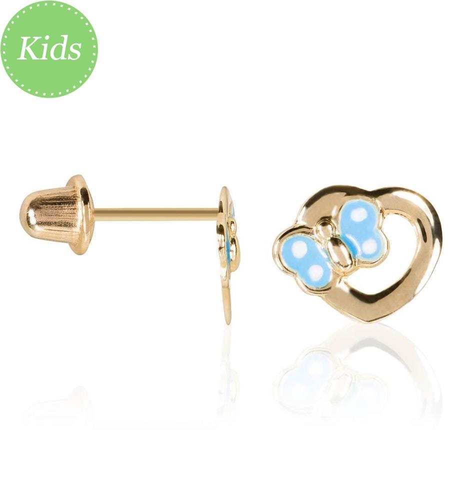 Boucles d'Oreilles Petit Coeur Bleu - Or Jaune 375/1000