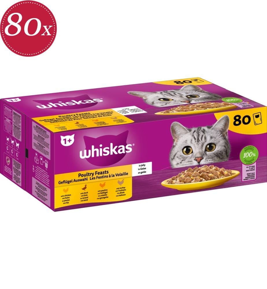 80 x Whiskas Pouch Auswahl Des Geflügels 1+ In Gelee - 85g