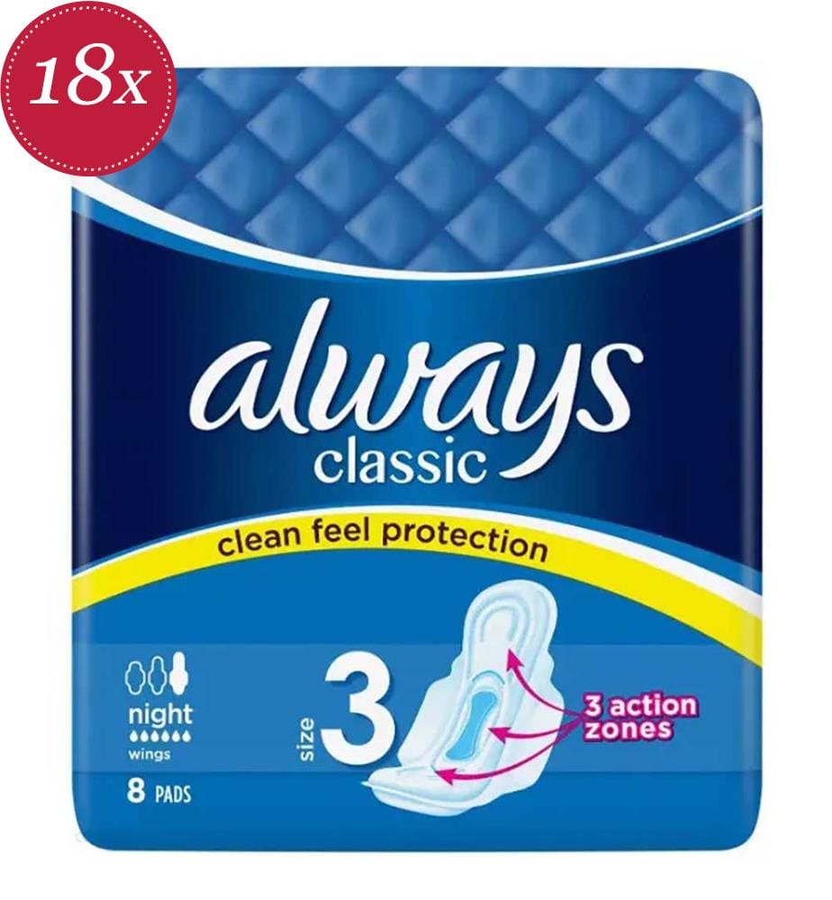 Lot de 18 de 8 Serviettes Hygieniques Classique Nuit avec Ailes Taille 3