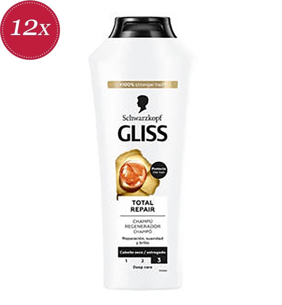 Lot de 12 Shampooing Gliss Total Repair Cheveux Secs et Abîmés - 50ml