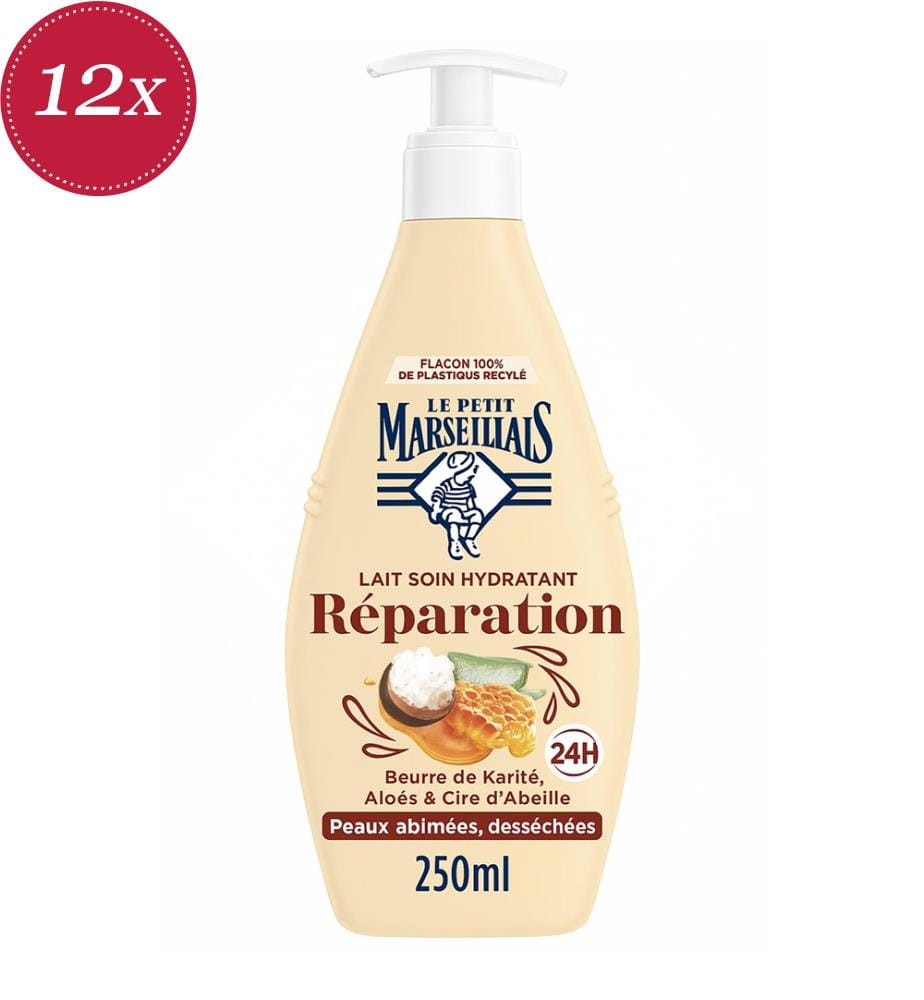 Set di 12 lozioni corpo idratanti al burro di karité, aloe vera e cera d'api 24H per pelli danneggiate e secche 250 ml