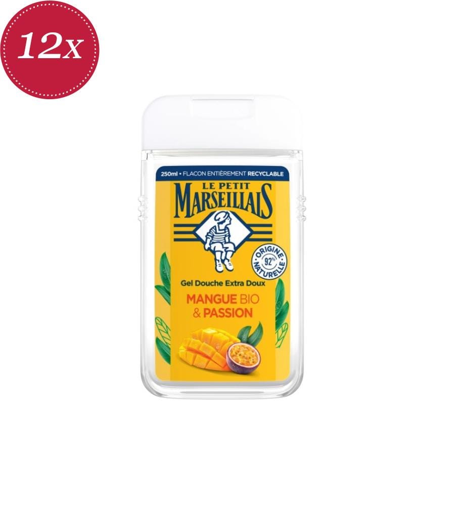 12 flaconi di gel doccia da 250 ml, particolarmente delicato – mango biologico e frutto della passione