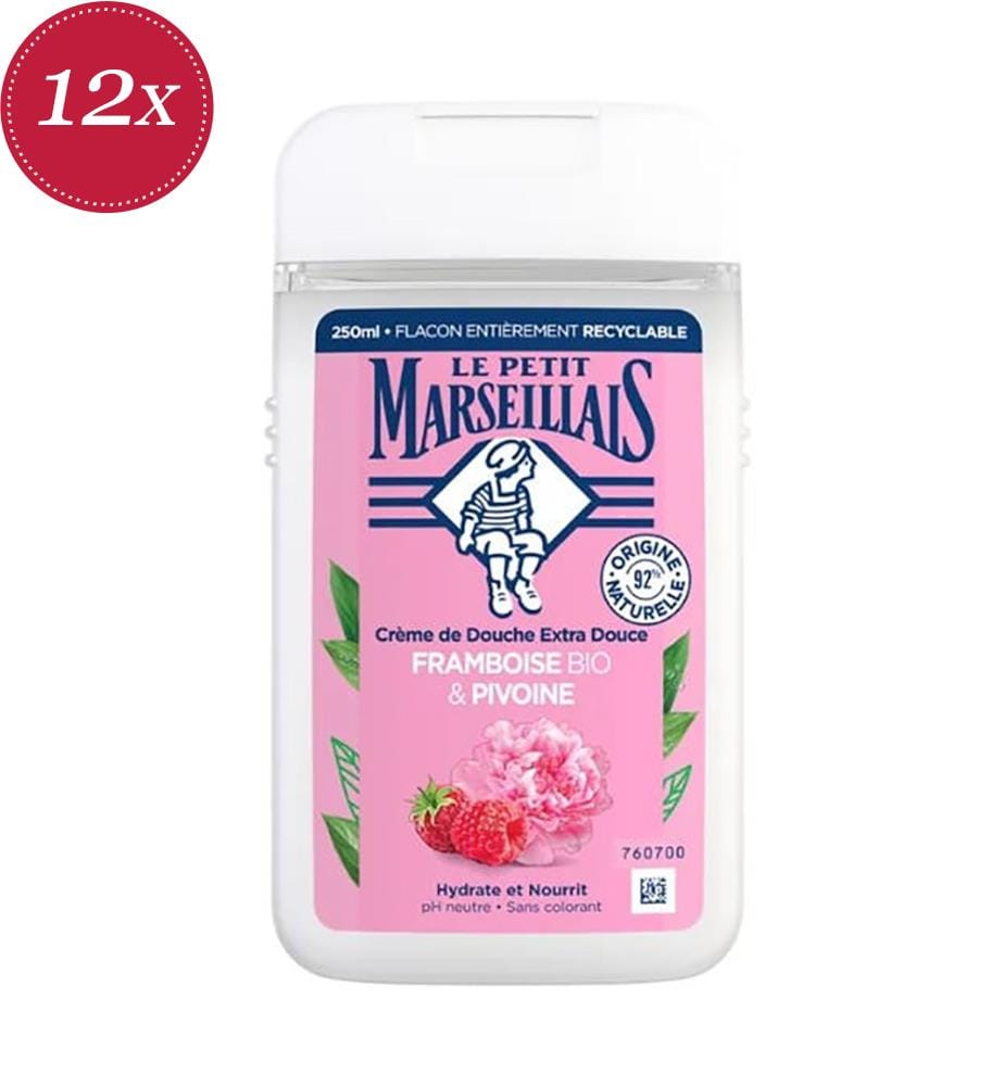 12 flaconi di gel doccia da 250 ml al lampone e peonia (biologico)