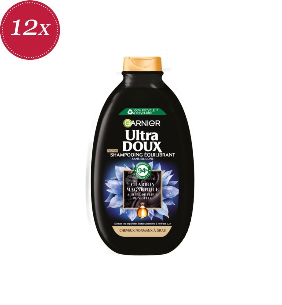 Lot de 12 shampooings Ultra Doux Charbon magnétique et Huile de fleur de nigelle - 250 ml