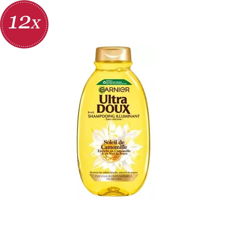 Lot de 12 shampooings Ultra Doux Illuminant Soleil à la camomille et au miel de fleurs pour cheveux blonds - 400 ml