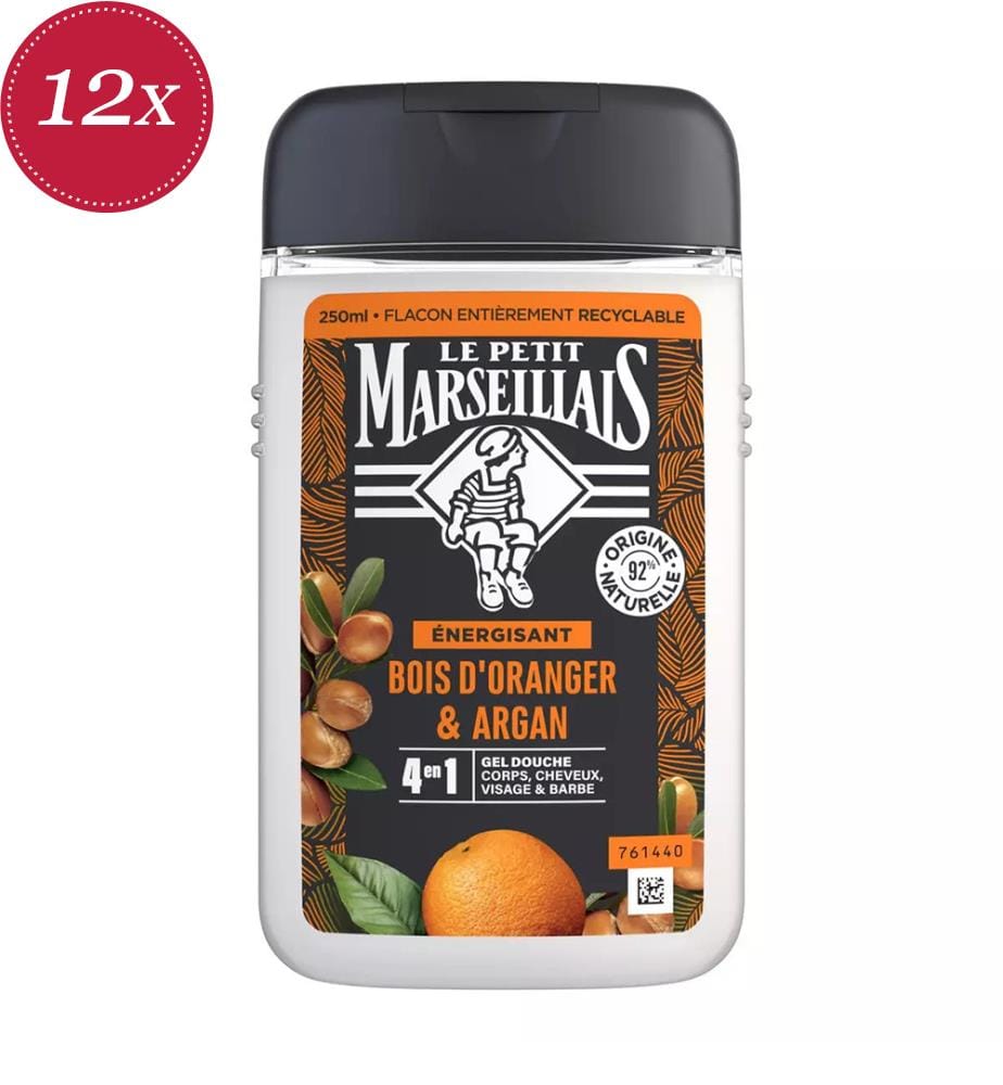 12x Duschgel 250 ml, belebend – Orangenholz & Argan 4-in-1