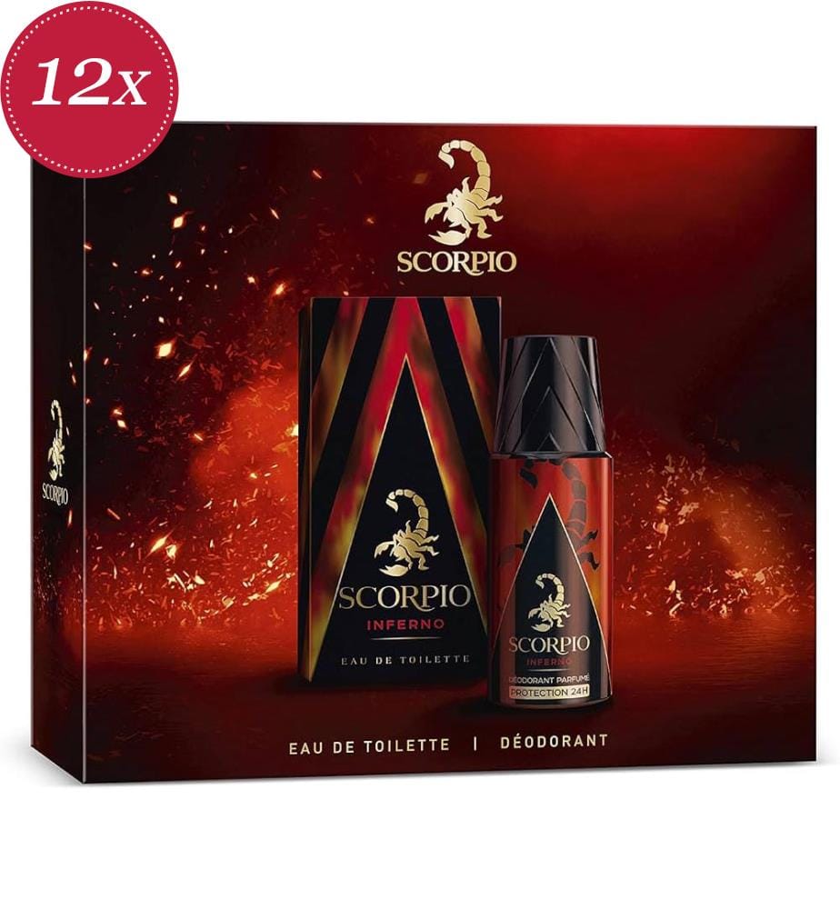 12x Scorpio Mix Inferno-Set – Eau de Toilette 75 ml + Deodorant 150 ml + Duschgel 250 ml