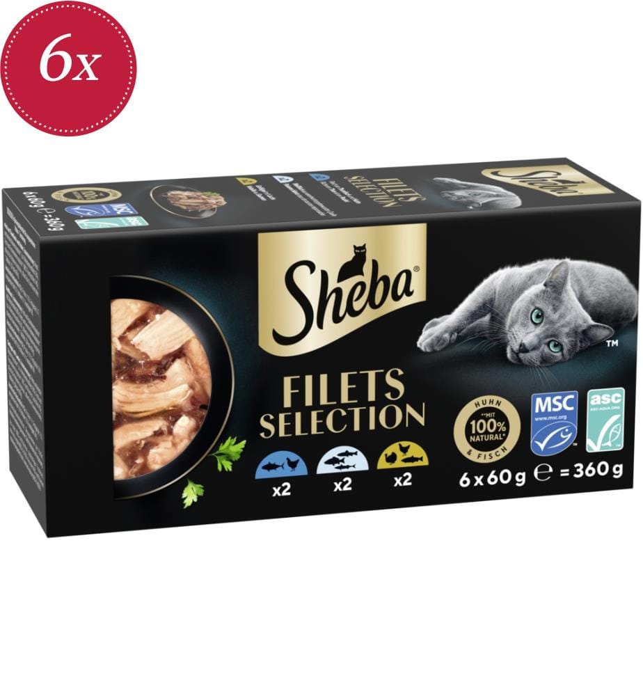 Lot de 6 SHEBA® Filets multipack barquette 3 variétés thon & poulet, poisson blanc, volaille & saumon en sauce ASC MSC - 60 g
