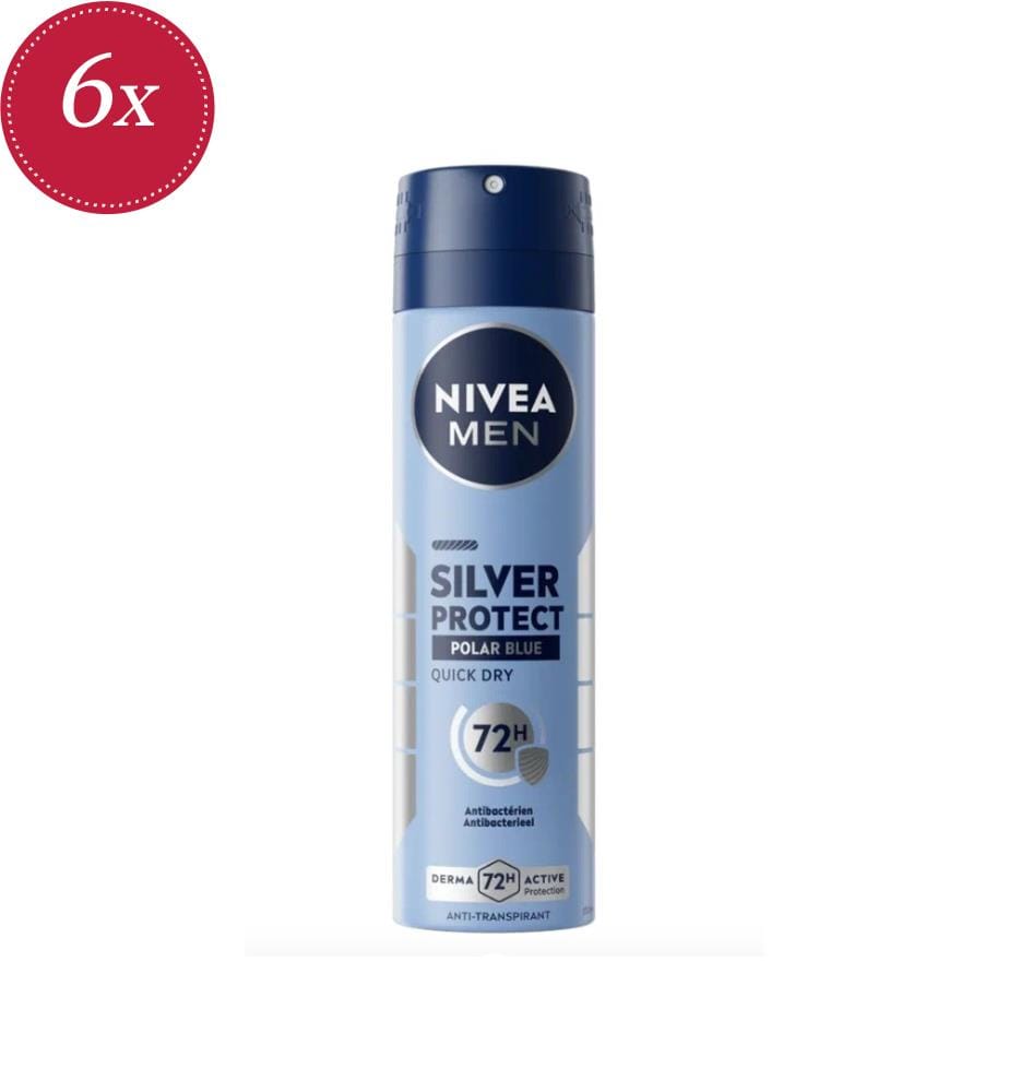 Set of 6 Men's Silver Protect Anti-Perspirant Deodorant Spray - Polar Blue - 150ml