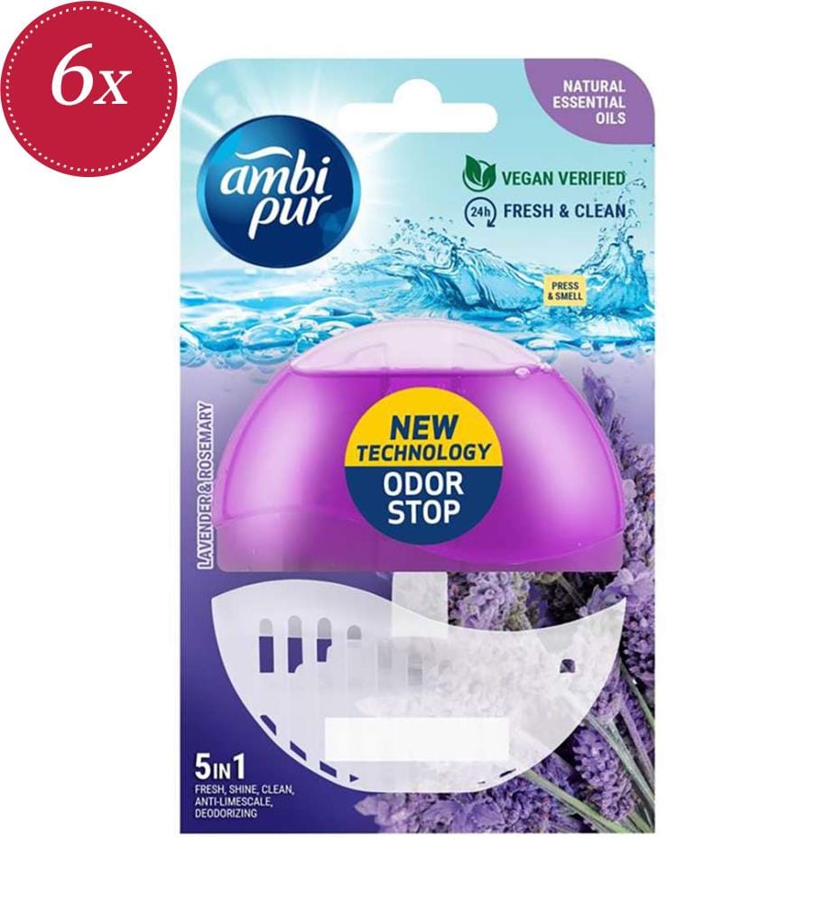 6 x WC-Block-Halter + 5-in-1-Nachfüllpackung „Lavendel & Rosmarin“ – 55 ml