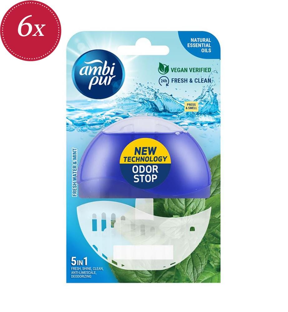6 x WC-Block-Halter + 5-in-1-Nachfüllpackung „Fresh Water & Mint“ – 55 ml