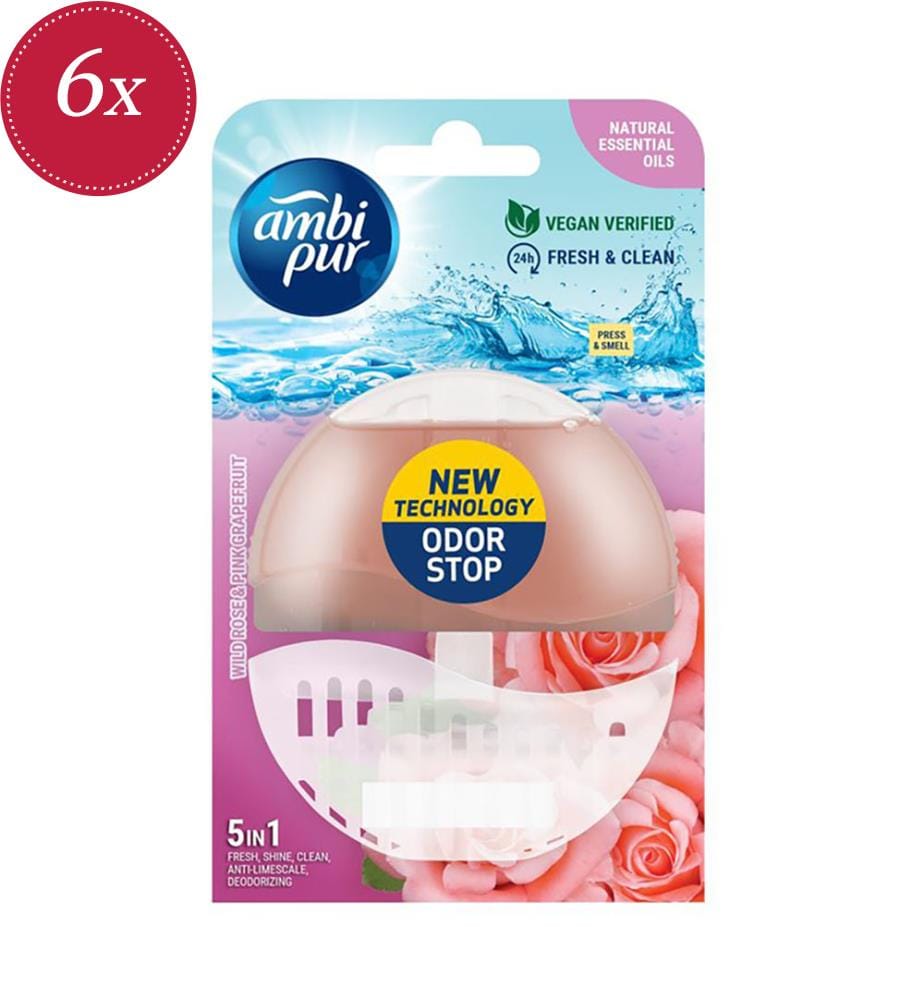 6 x WC-Block-Halter + 5-in-1-Nachfüllpackung „Wild Rose & Pink Grapefruit“ – 55 ml