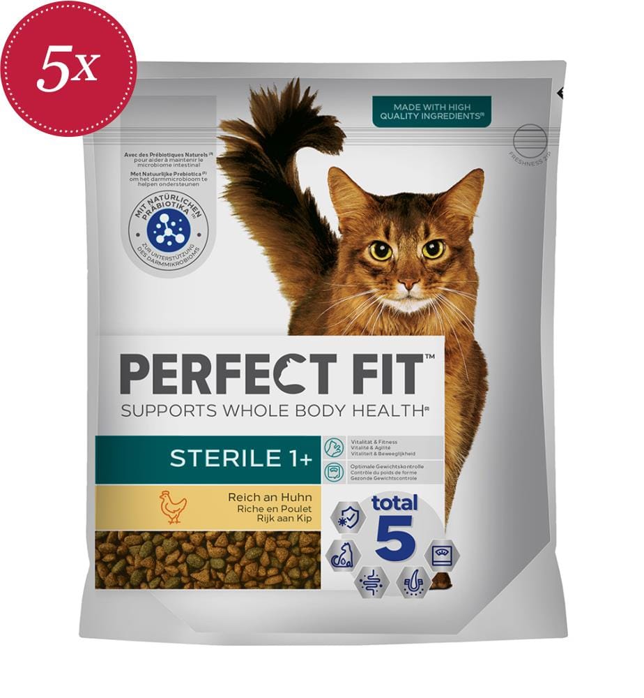 5x Perfect Fit Trockenfutter für Katzen, sterilisiert, mit Huhn - 1400 g