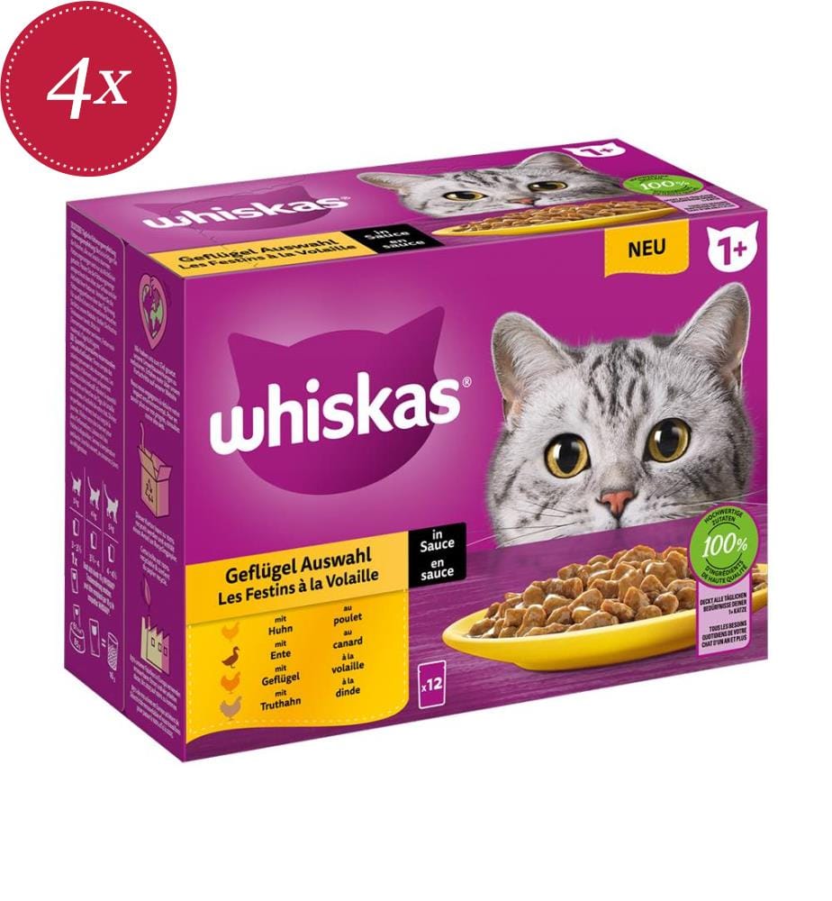 4 x Whiskas Geflügel in Sauce 1+ 12 Beutel à 85g