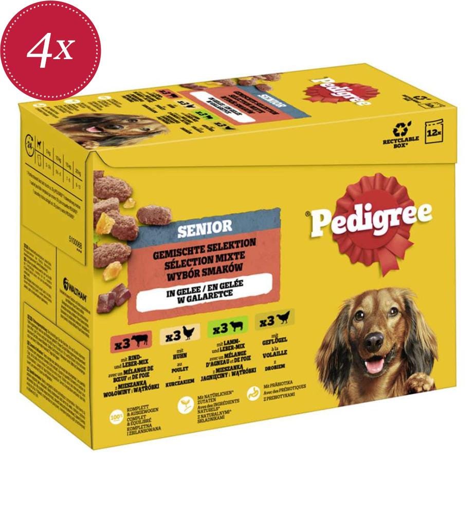 Confezione multipla da 4 per anziani, assortimento di 4 varietà (manzo/fegato, pollo, agnello/fegato, pollame in gelatina) - 12 x 100 g