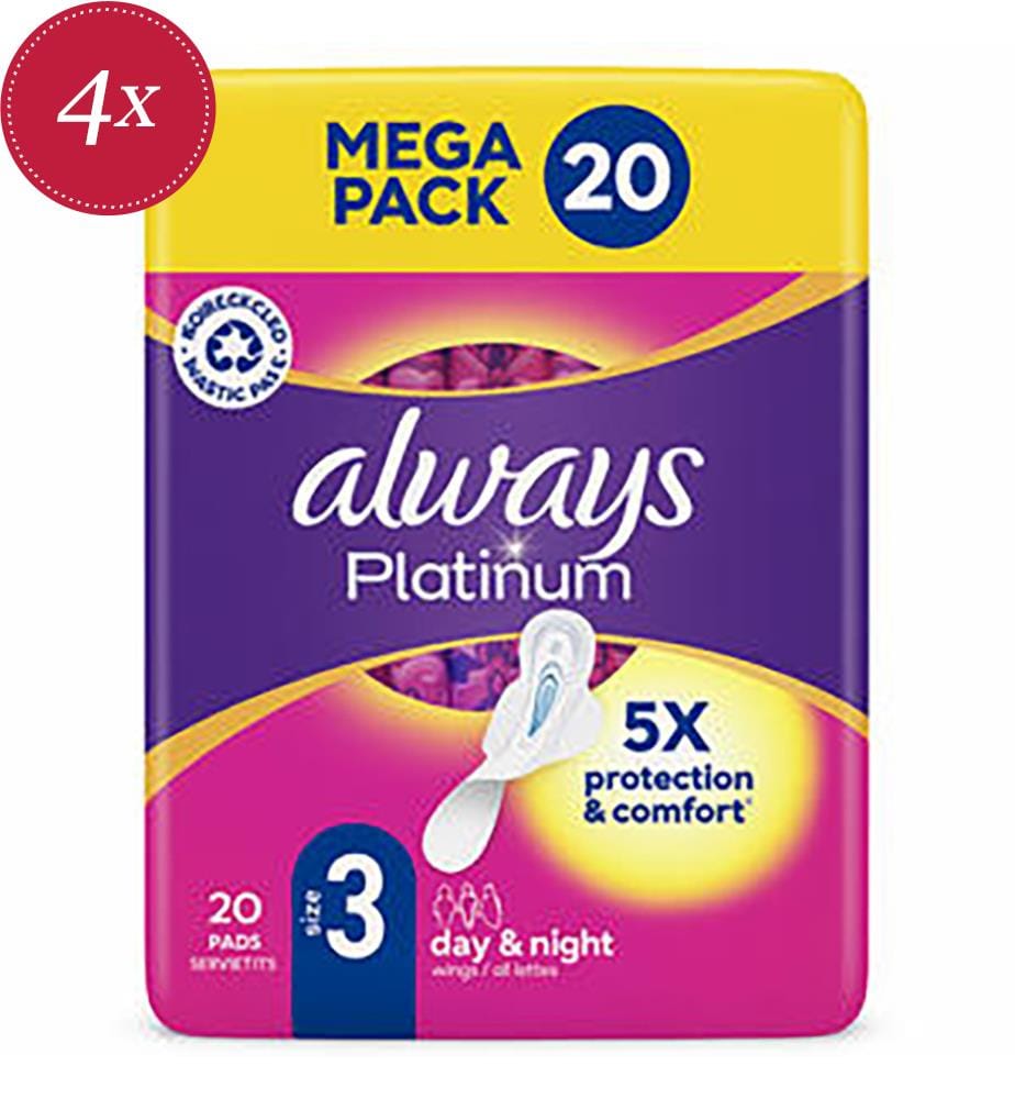 Lot de 4 de 20 Serviettes Hygieniques Platinum Jour et Nuit Taille 3 avec Ailettes