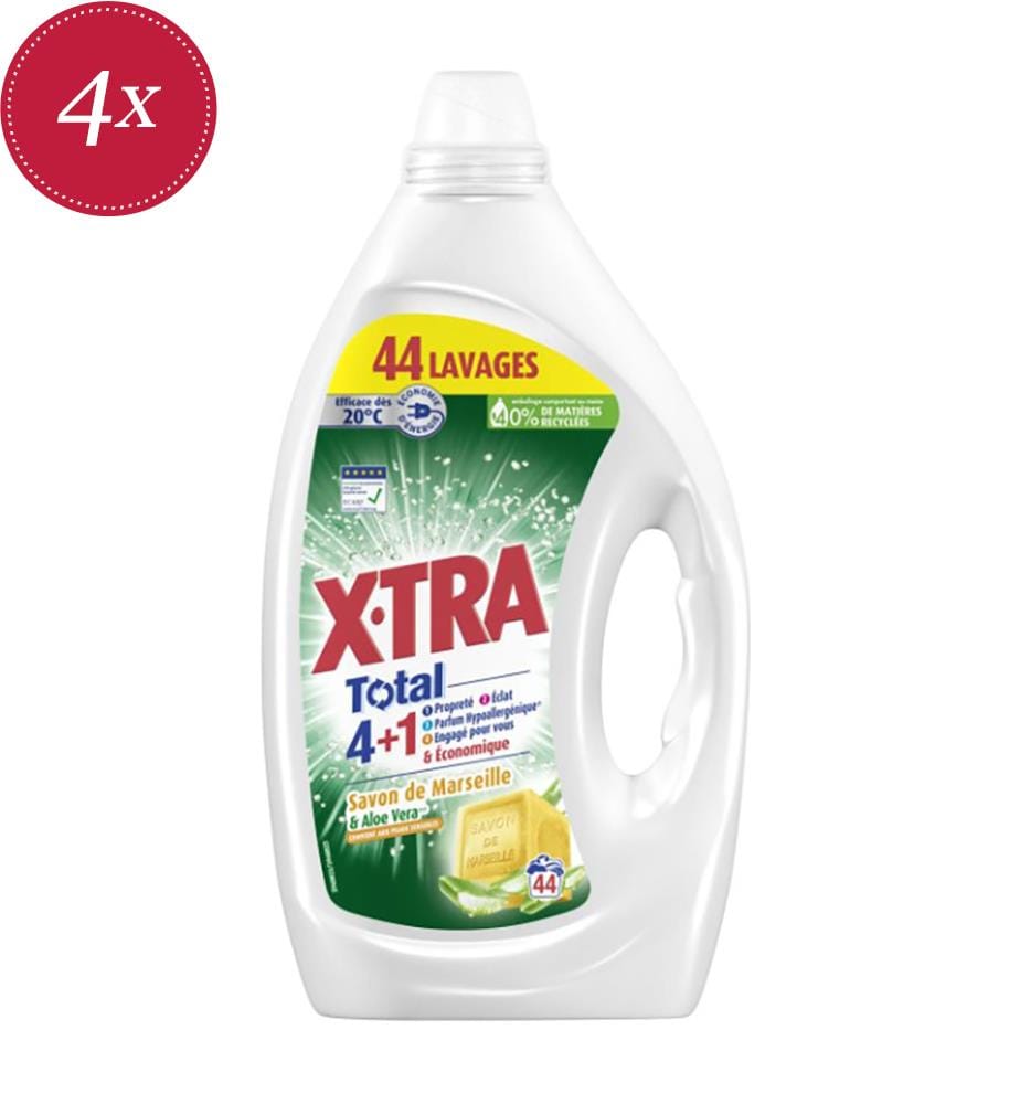 4 x XTRA Liquid Laundry Detergent with Marseille Soap & Aloe Vera – 1.98 L (44 Washes)