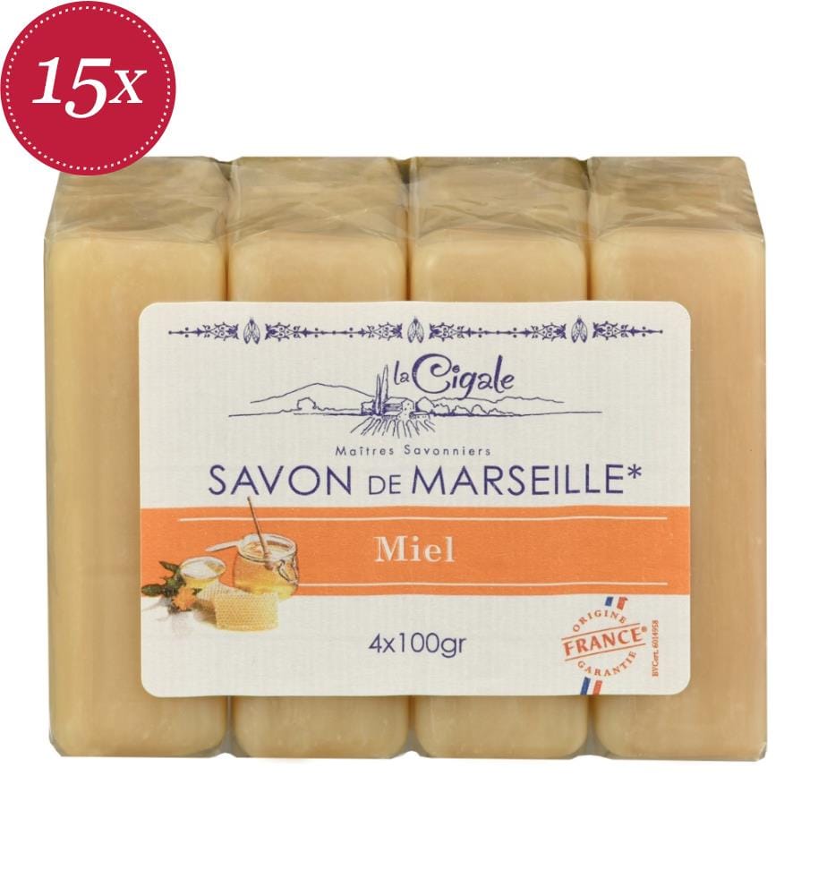Set mit 15 Packungen à 4 Stück Marseille-Seife mit Honig – 4 × 100 g