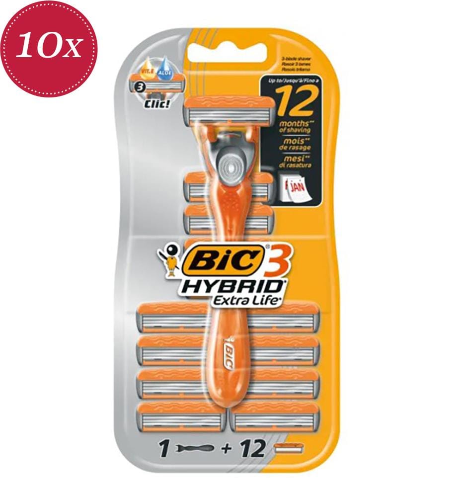 10x Herrenrasierer mit 12 Hybrid Extra Life-Ersatzklingen – 3 Klingen