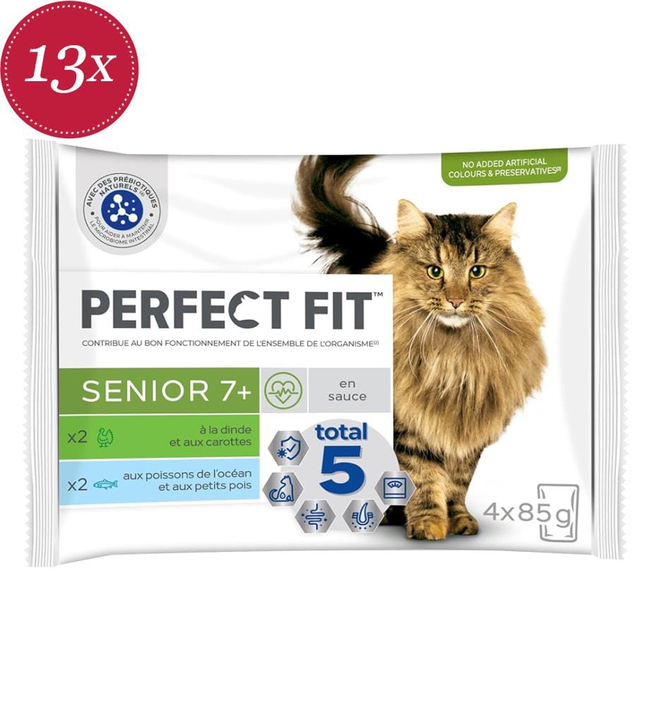 13x - Senior 7+ Cat Food Multipack with Turkey and Carrots, Seafood and Peas in Gravy - 4 x 85 g","detected_source_language":"FR