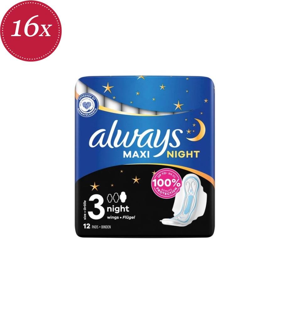 16x Serviettes hygiéniques Maxi Nuit avec ailettes 12 Pièces