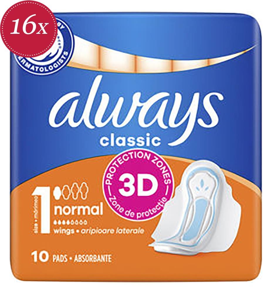Lot de 16 de 10 Serviettes Hygieniques 3 Action Classic Normal avec Ailes Taille 1
