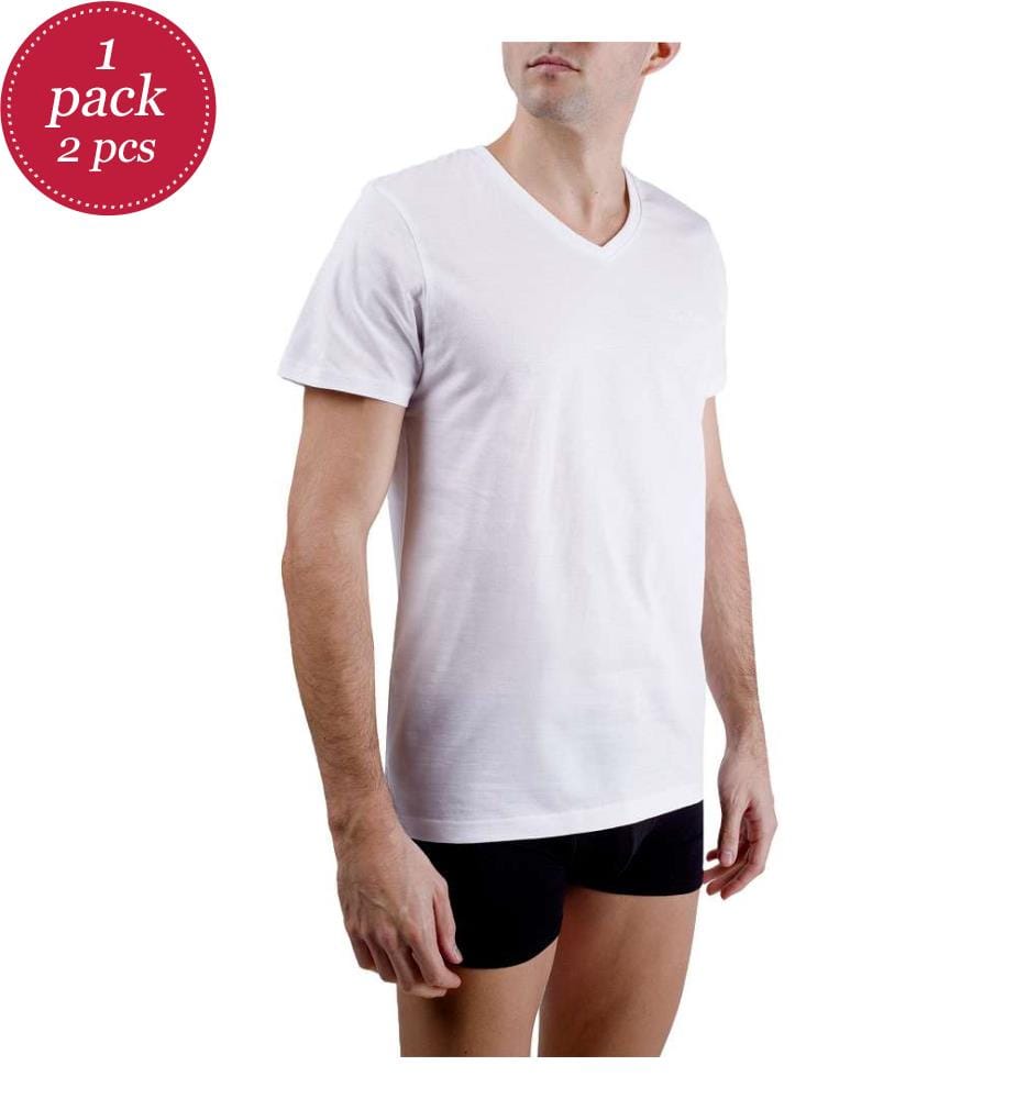Set of 2 v-neck T-Shirts with embroidery on chest - White