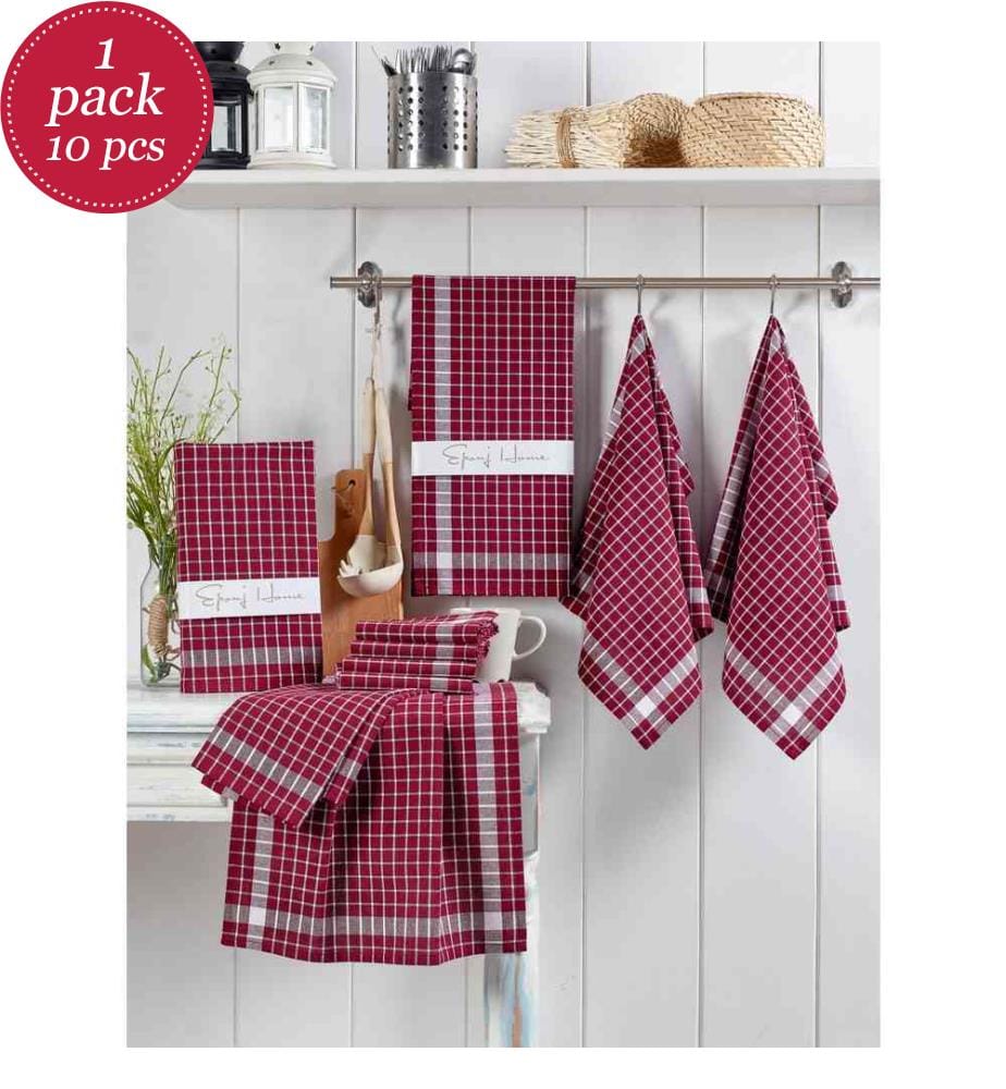 Set of 10 bath towels - Burgundy red and white
