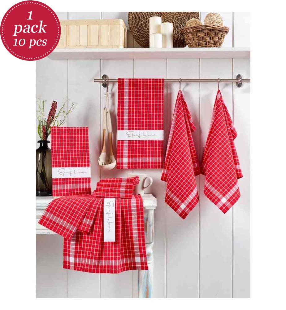 Set of 10 bath towels - Red and white