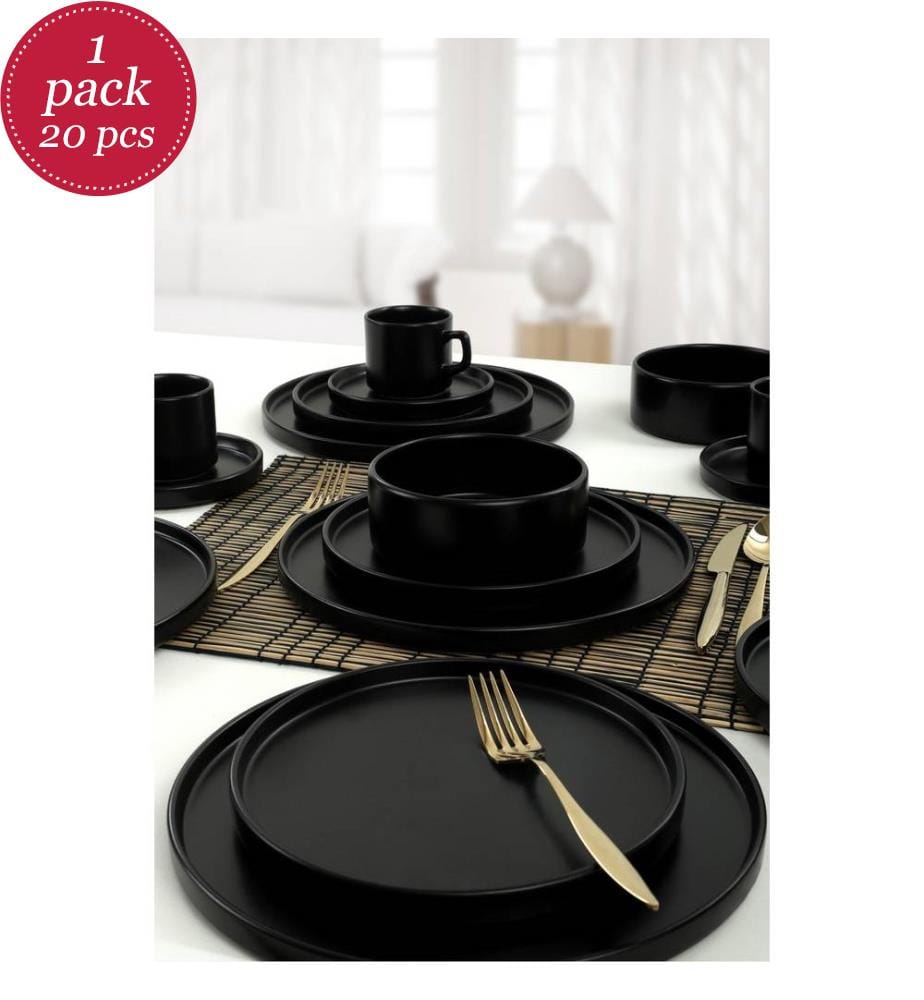 Service de Table (20 pièces) noir mat, grès céramique, n'absorbe pas l'eau