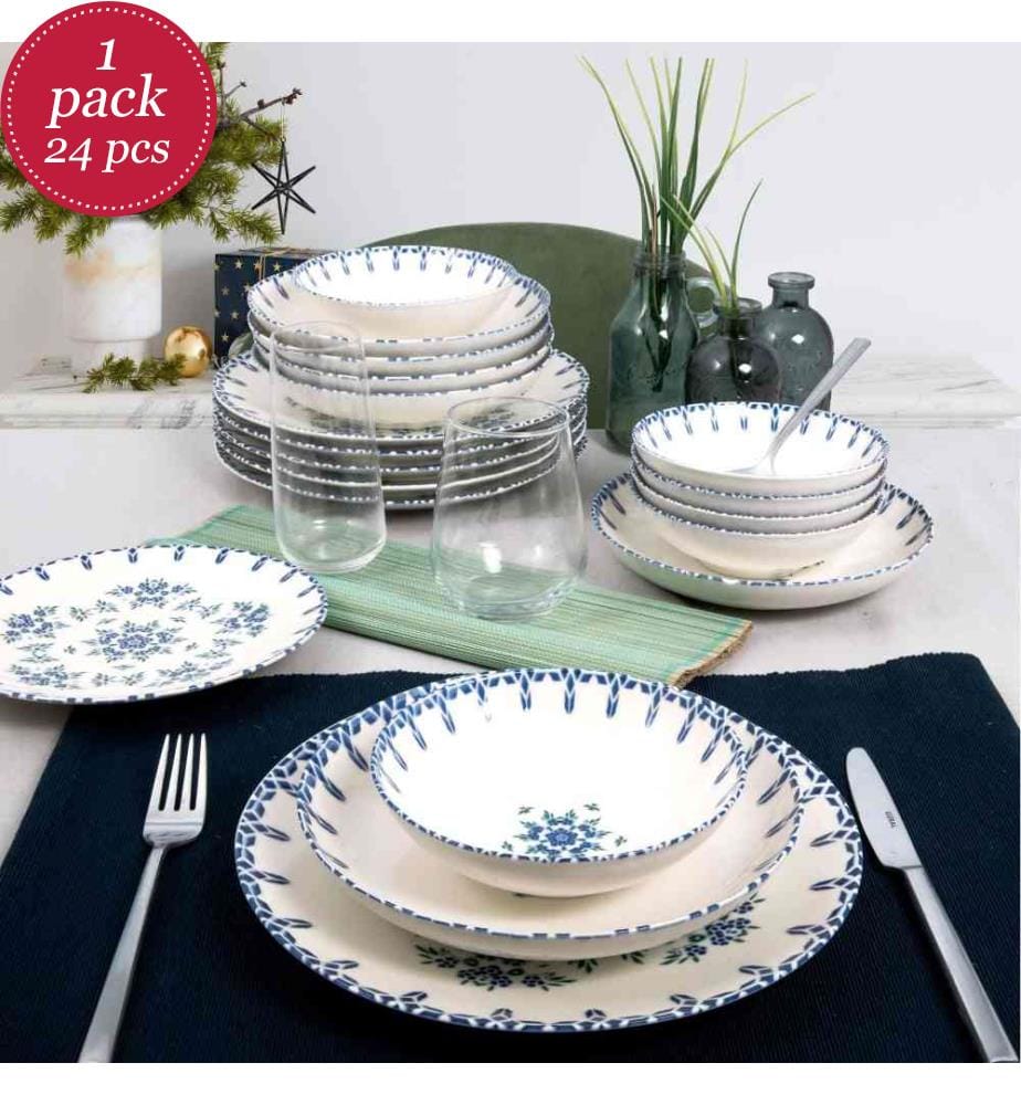24 Piece Porcelain Dinner Service - White and Blue