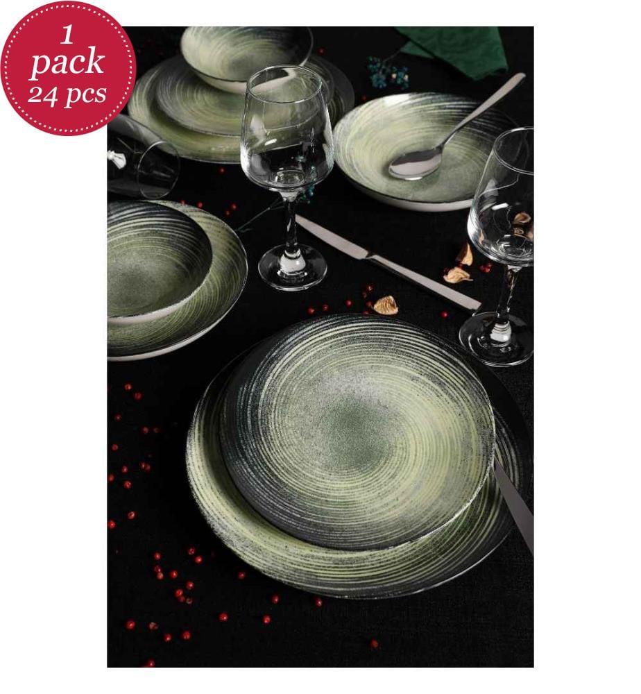 Service de table, 24 pièces, crème vert noir, porcelaine