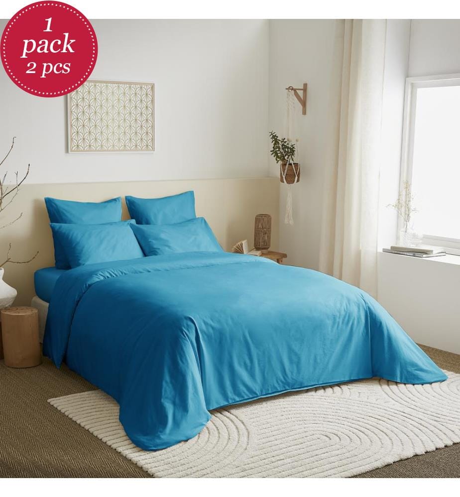 Pack Complet Housse de couette Unicolore 220 x 240 cm & Drap housse 160 x 200 cm - Turquoise