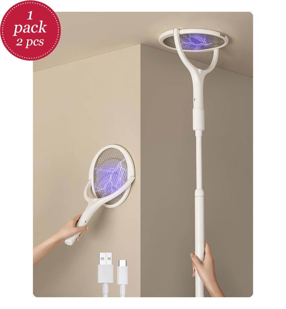 Wiederaufladbare elektrische Fliegenklatsche mit schwenkbarem Kopf und einziehbarer Erweiterung - (2er-Pack + 2 Verlängerungen) - Weiss