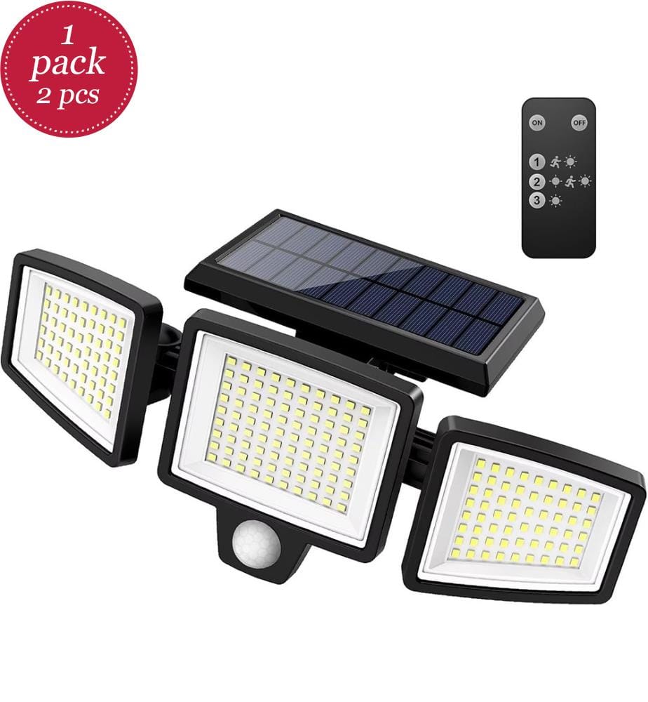 Set mit 2 Aussen-Solarlampen 210 LED 2500LM 3 Köpfe Sensor 270° IP65 - Schwarz