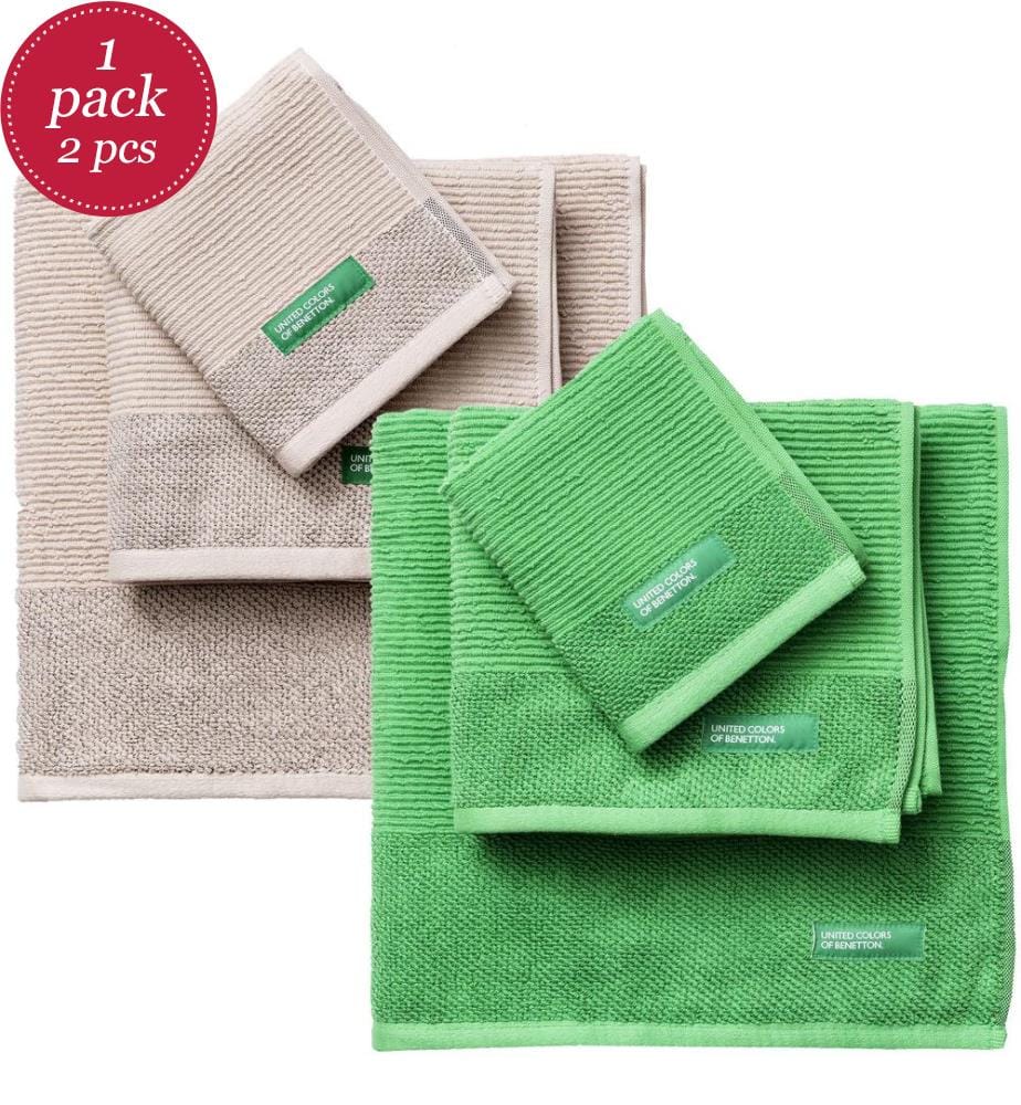 Set of 2 Sets of 3 Bath Towels - Green and Beige