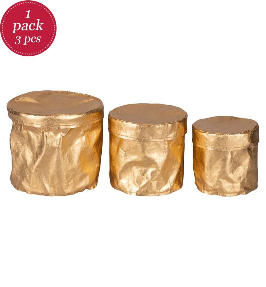 Lot de 3 paniers ronds avec couvercle - Doré