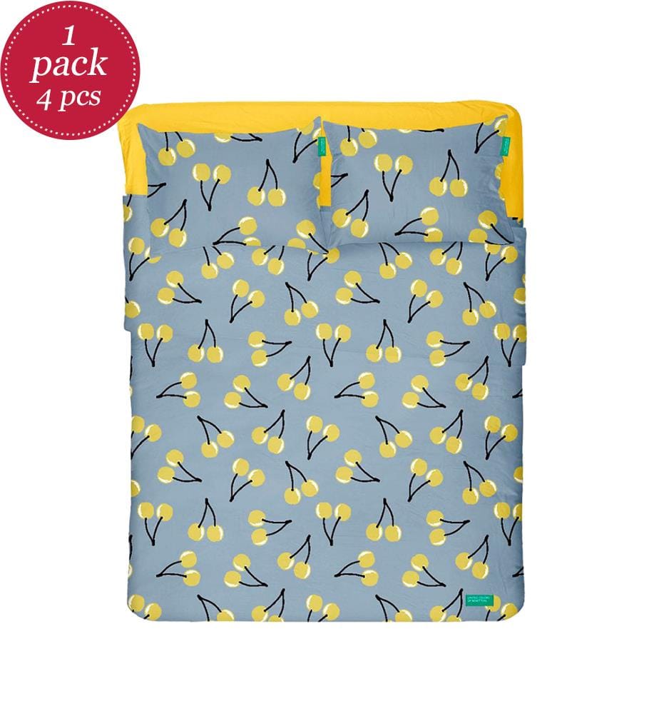 Parure de lit 4 pièces (drap du dessus 180x290 cm + drap du dessous 120x200 cm + 2 taies 50x80 cm) - Bleu et Jaune