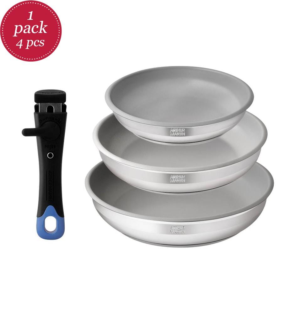 Set of 3 Ceramic Frying Pans + Removable Handle - Black