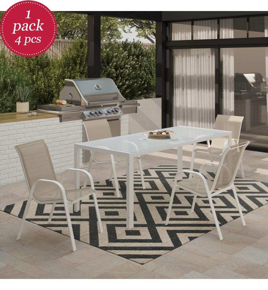 Lot de 4 Chaises de Jardin Empilables en Textilène - Blanc et Beige