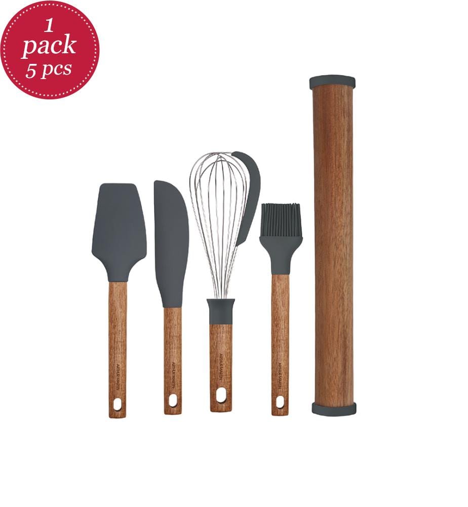 5er-Set Küchenutensilien – Grau & Holz