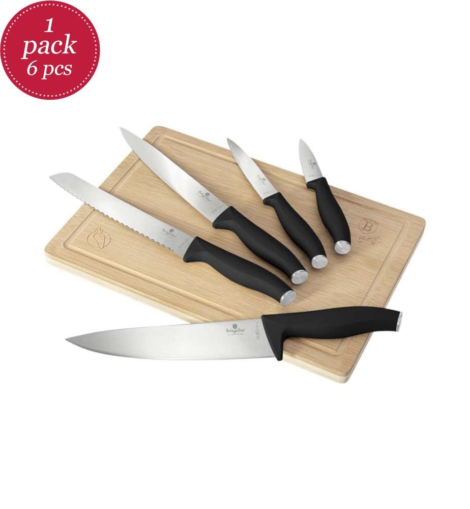 6-teiliges Messerset mit Bambus Schneidebrett, Matte Black Collection