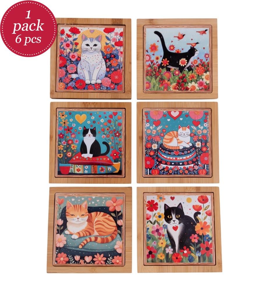 Set of 6 Cats ceramic tiles - Ø 12.8 cm