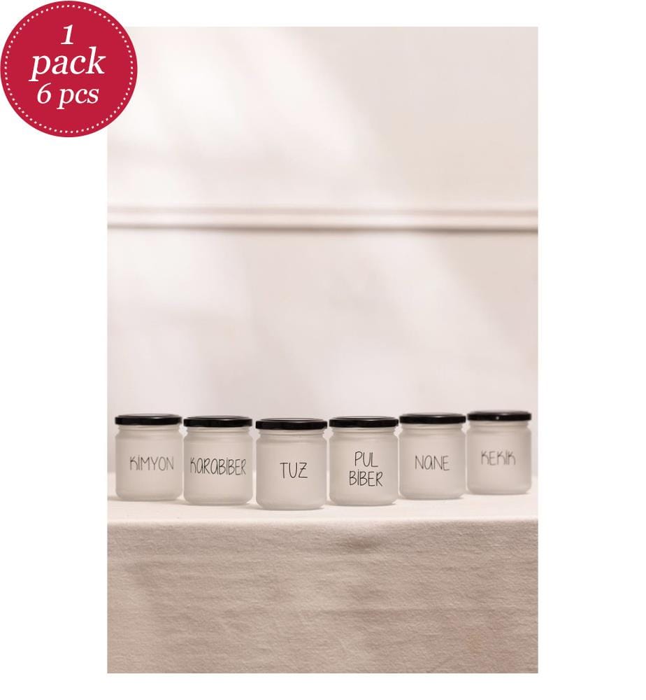 Spice Jar Set, 6 Pieces, White, Black, 100% GLASS