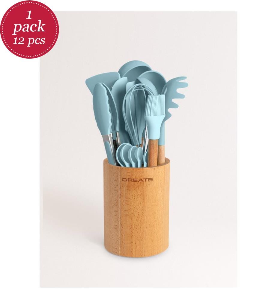 Set d'Ustensiles en Silicone et Bois - Bleu Pastel