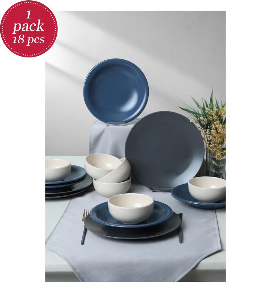 Set da pranzo in ceramica, 18 pezzi, blu, bianco, 100% ceramica, antibatterico