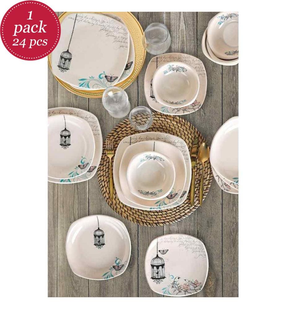 Service de Table (24 pièces) crème, bleu, noir, grès céramique, n'absorbe pas l'eau