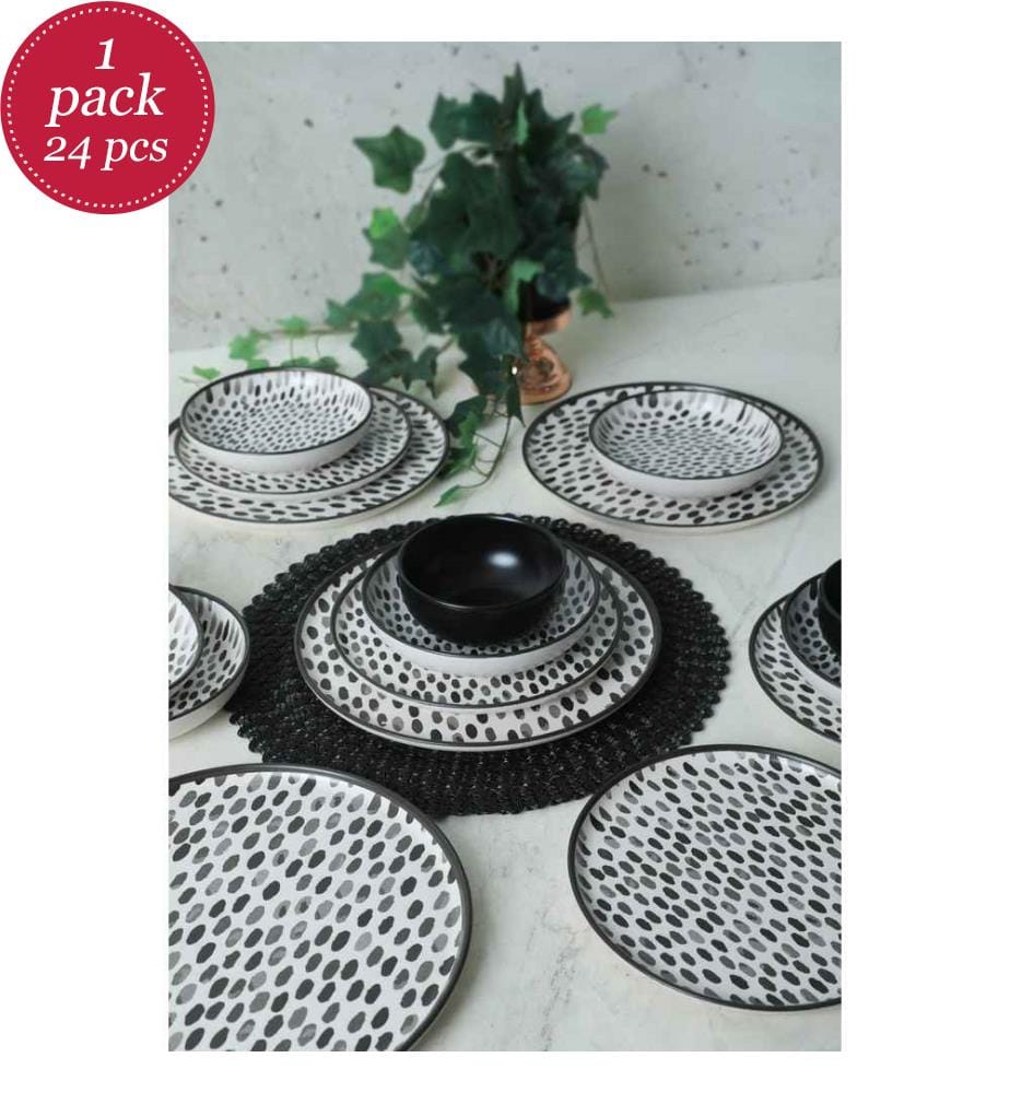 Set da pranzo in ceramica, 24 pezzi, nero, bianco, 100% ceramica, antibatterico