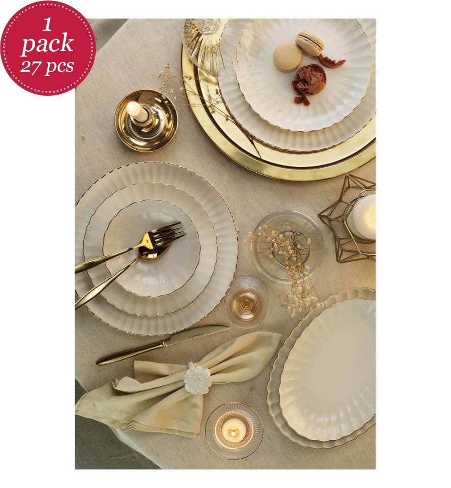 Service de Table 27 Pièces en Porcelaine - Blanc et Or